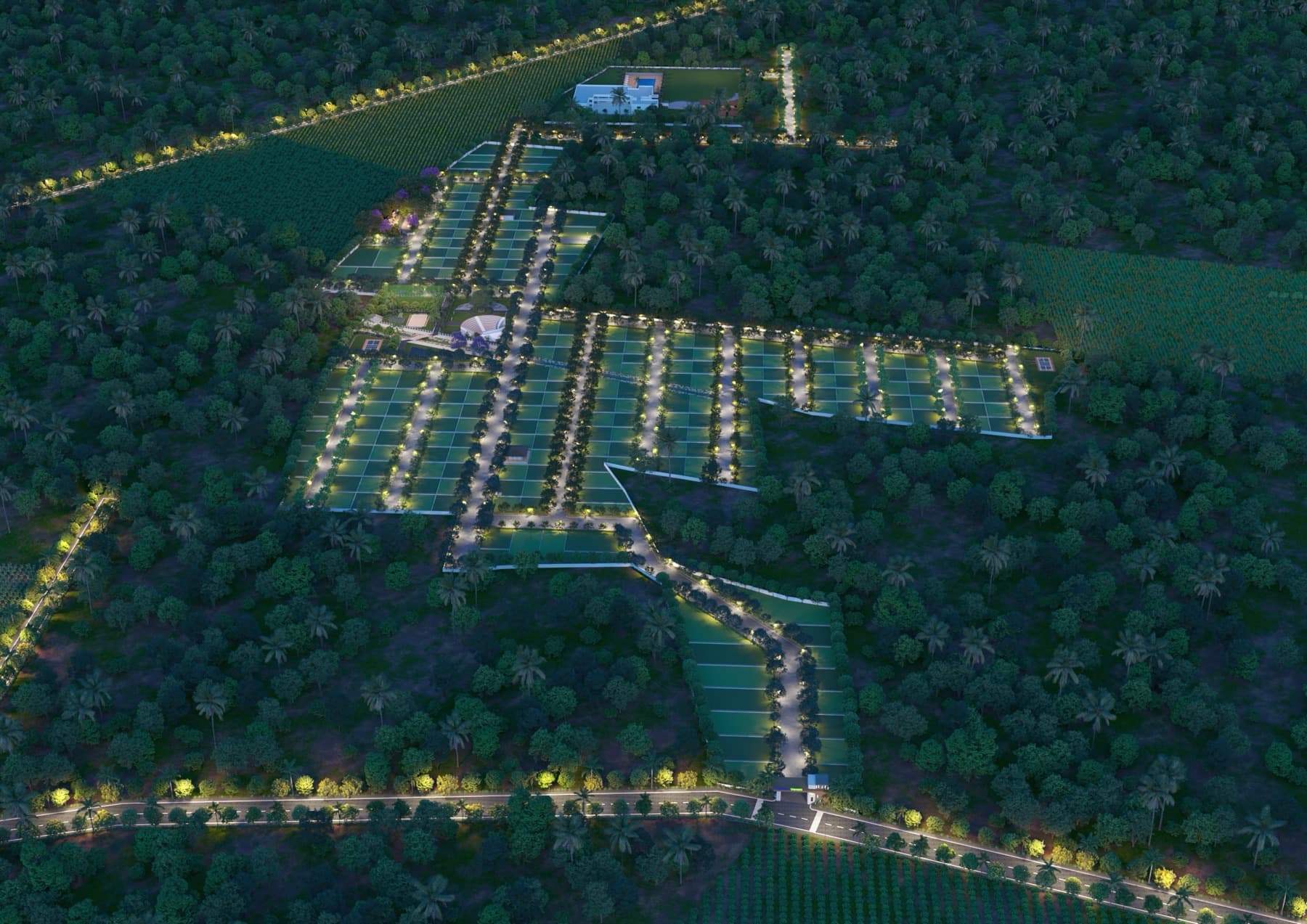 Aerial render of NandanaVanam wellness living community