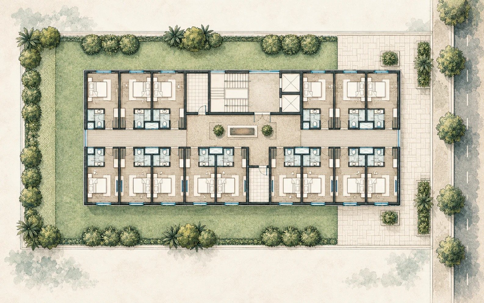 Concept illustration based on the owner-supplied 2019 hotel typical-floor plan